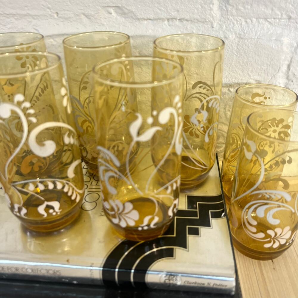 Libbey Vintage Drinking Glass Set | Mid-Century Floral Pattern | Set of 9